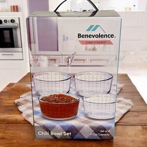 NIB! Benevolence 4 Glass Chili Bowl Set Football Themed